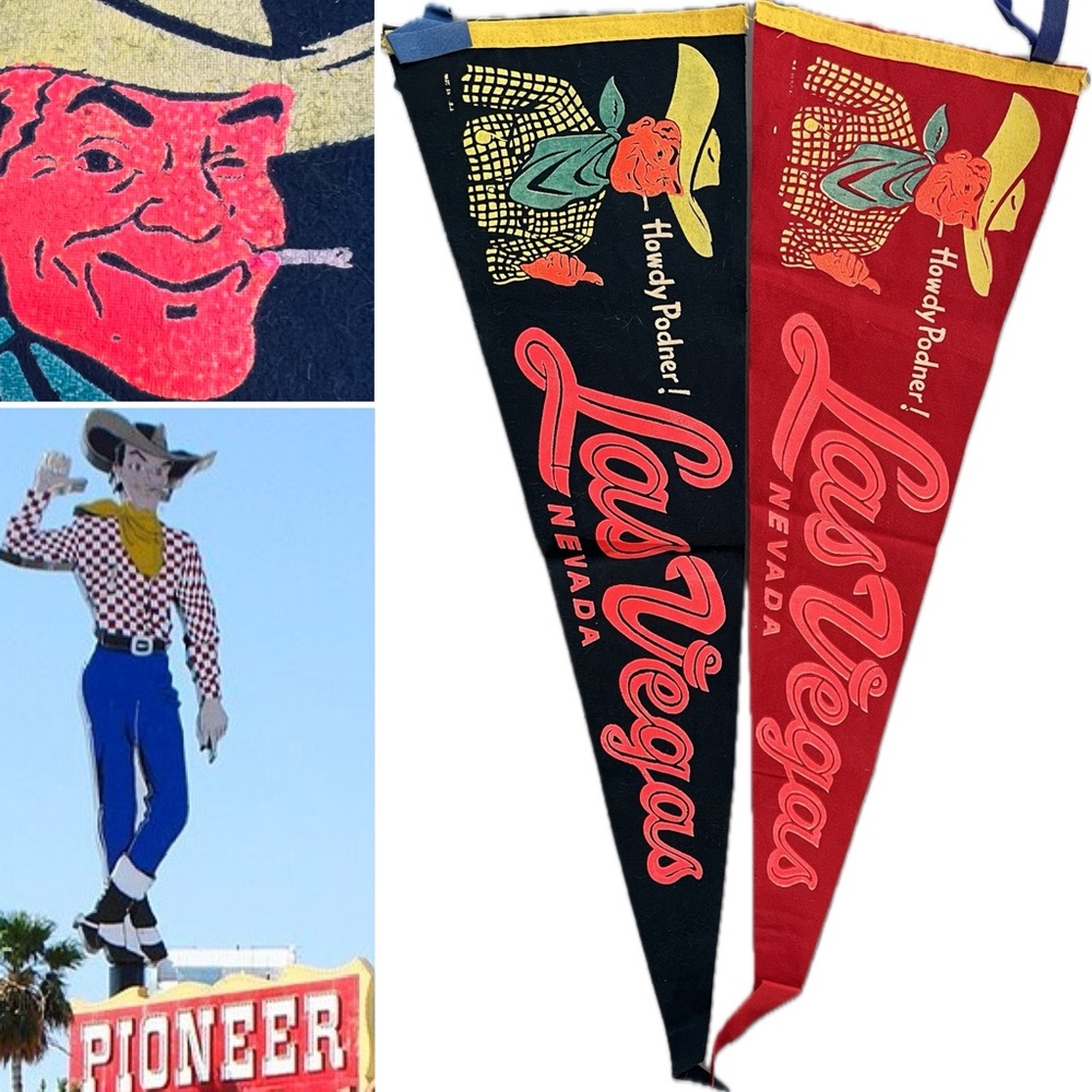 2️⃣Set Vegas Vic Las Vegas Nevada Vintage Felt Pennant Cigarette Smoking Fallout
